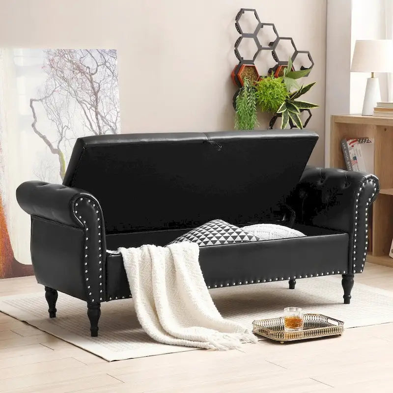 Banc ottoman de rangement capitonné avec couvercle touffeté et garniture cloutée
