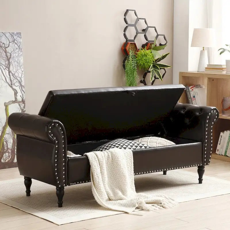 Banc ottoman de rangement capitonné avec couvercle touffeté et garniture cloutée