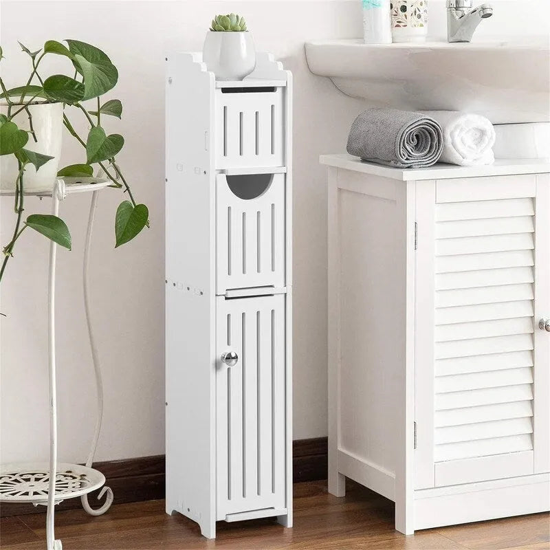 Meuble de rangement de salle de bain étroit avec porte-papier toilette