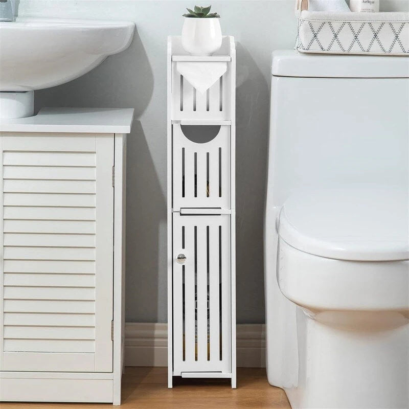 Meuble de rangement de salle de bain étroit avec porte-papier toilette