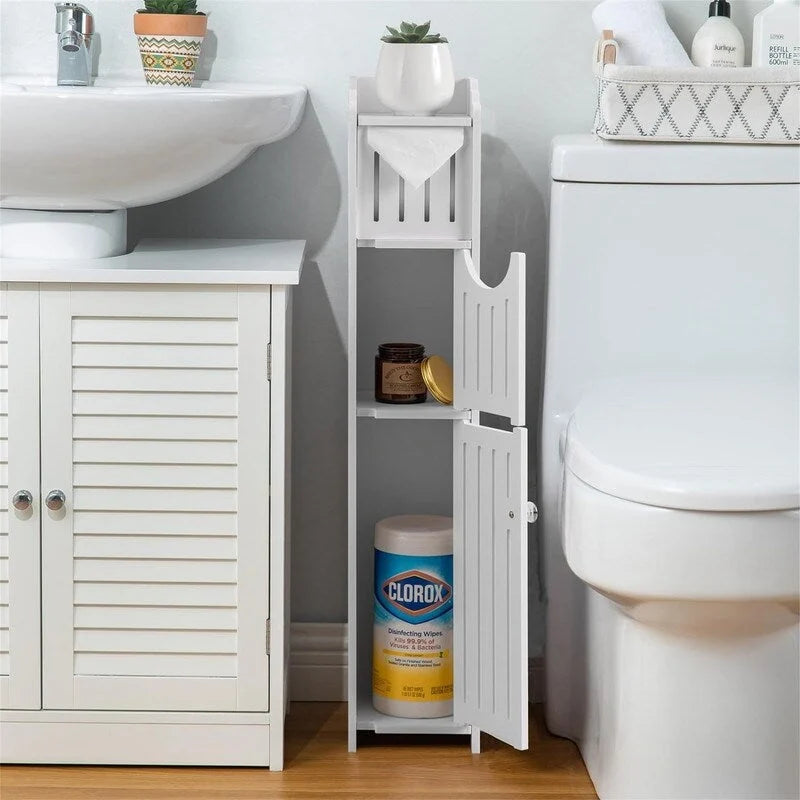 Meuble de rangement de salle de bain étroit avec porte-papier toilette