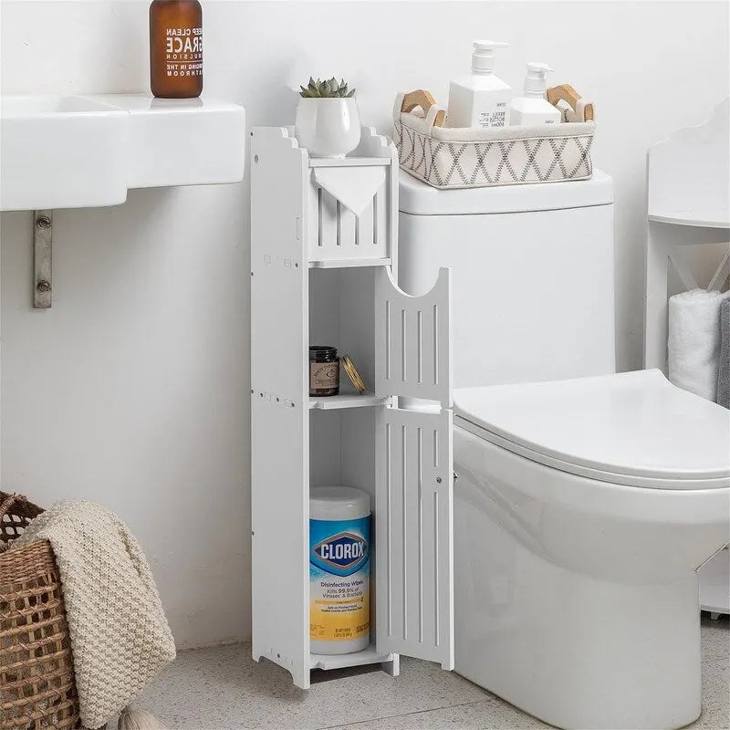 Meuble de rangement de salle de bain étroit avec porte-papier toilette