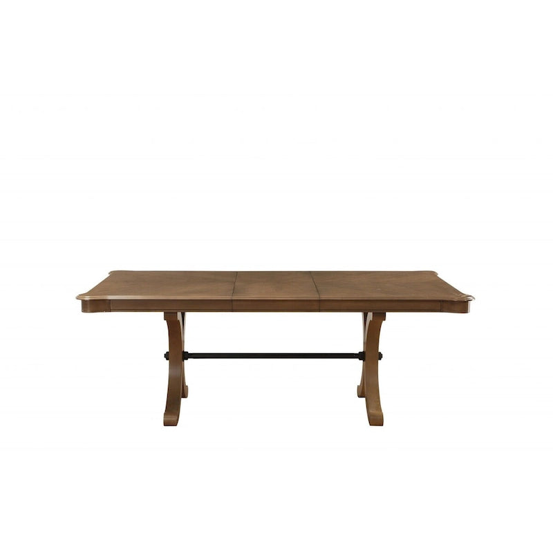 Table de salle à manger en bois massif marron de 162 cm avec piètement à tréteaux et rallonge amovible